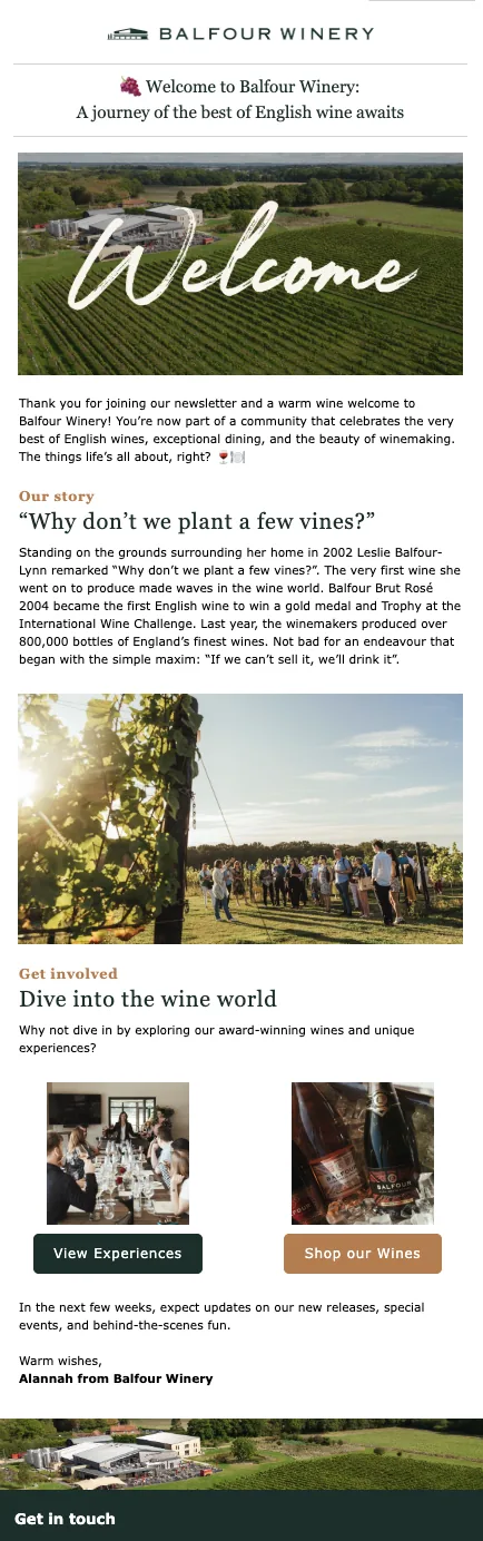 Balfour Winery - welcome email