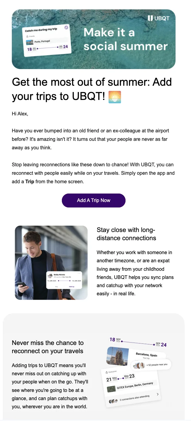 UBQT - social summer trips email