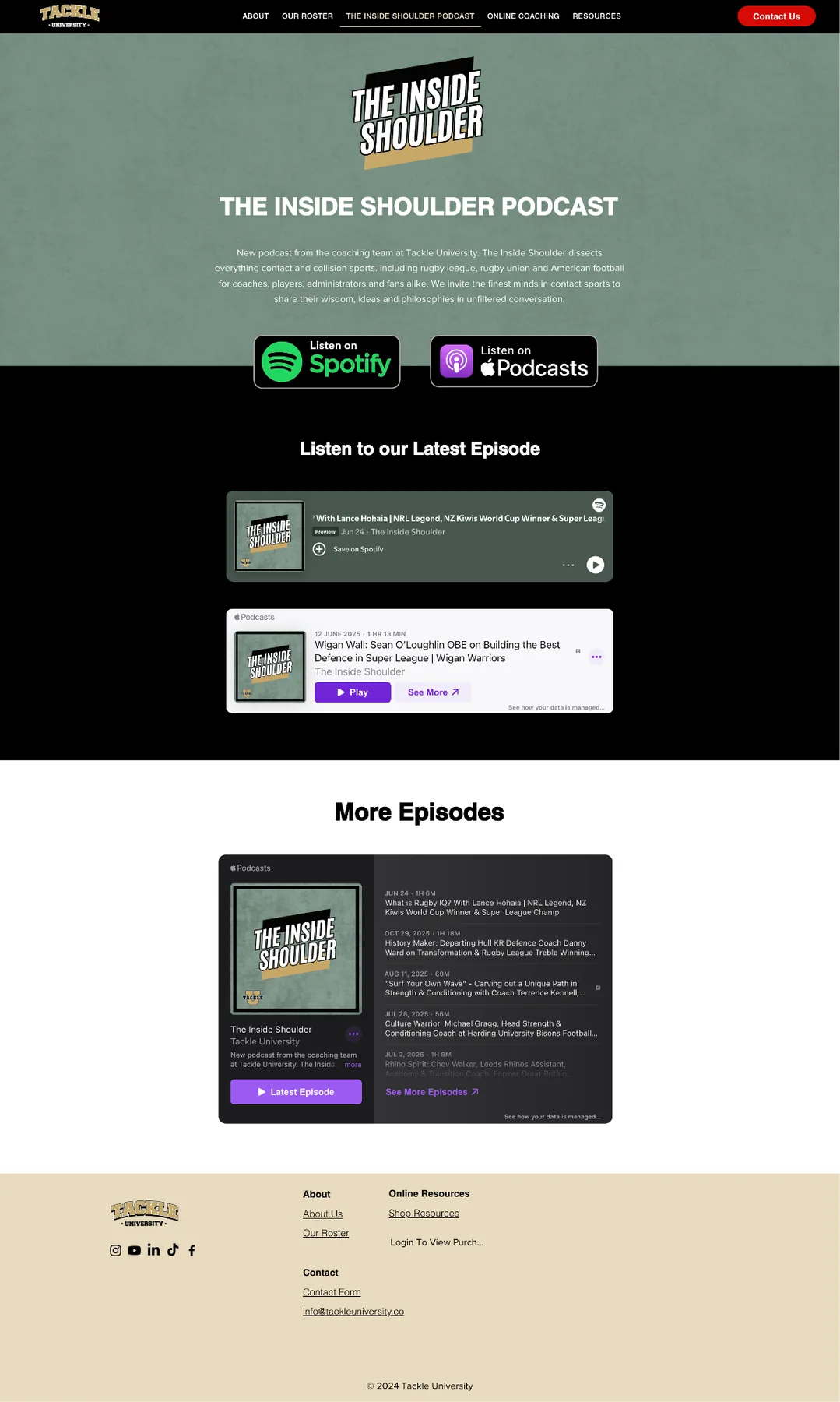Tackle University - podcast landing page